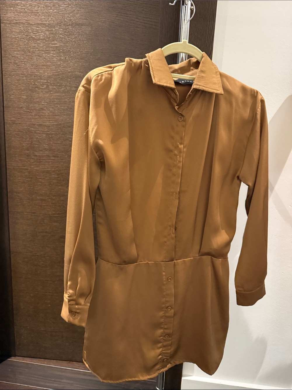 Long-Sleeve Shirt Dress in Camel Brown